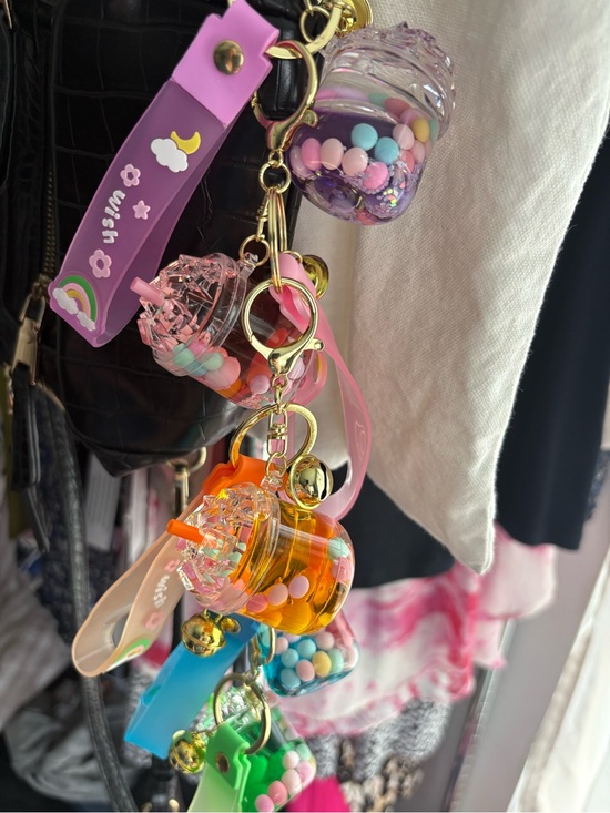 Other - Keychain cups with liquid juice or boba tea with strap that says wish